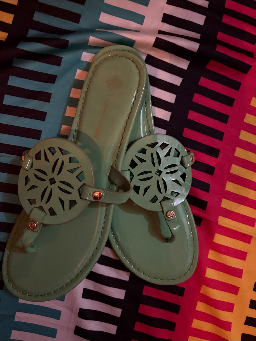 ANTONIO MELANI Mint Green Laser-Cut Toe-Loop Sandals beautiful!